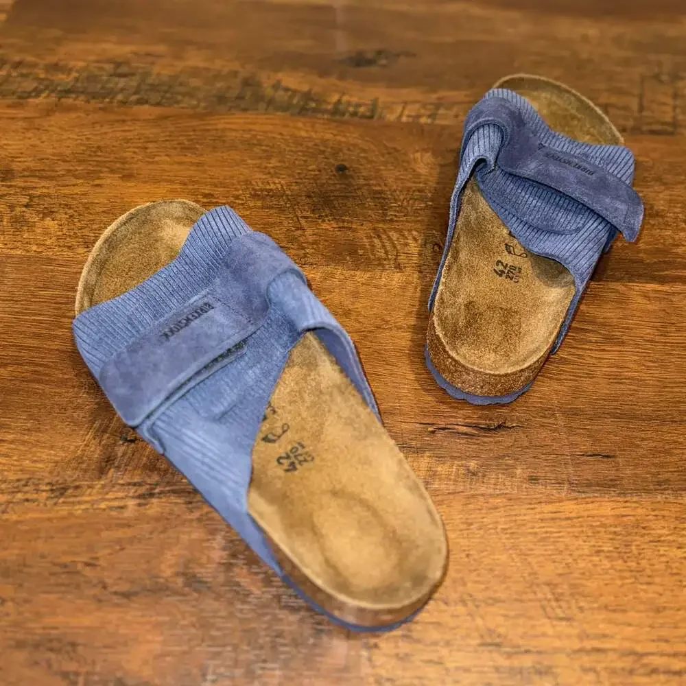 Birkenstock Kyoto Suede Embossed Corduroy Indigo Slide Sandals